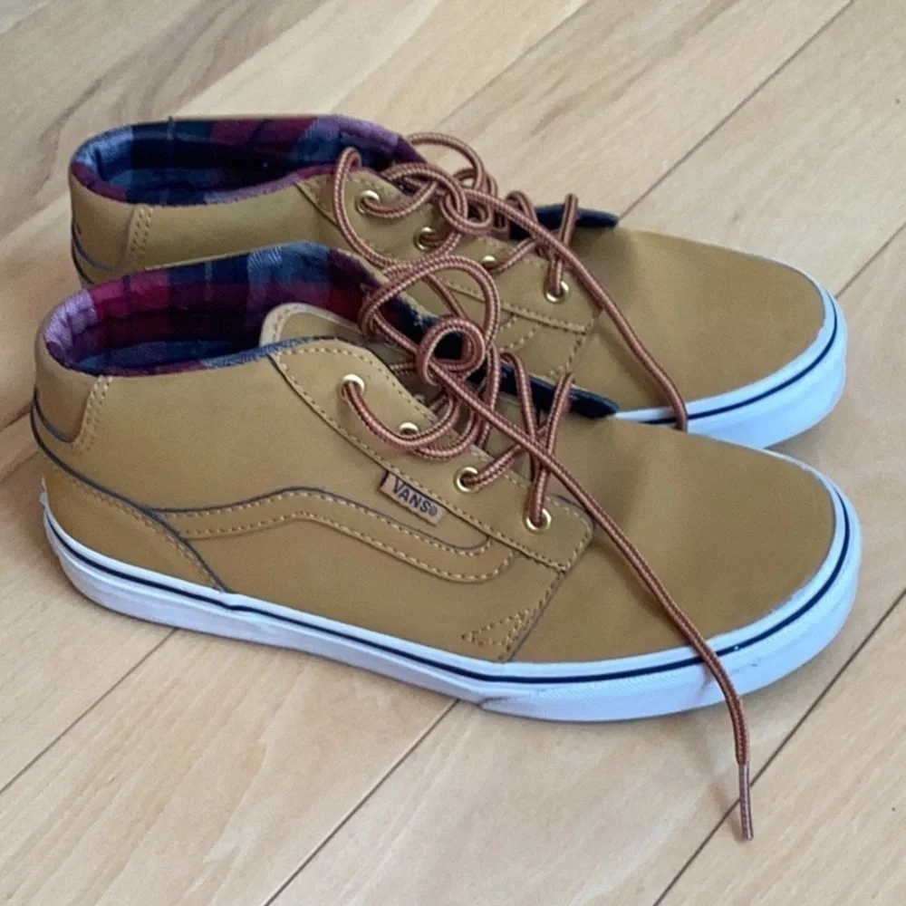 Vans youth mustard yellow with red plaid interior shoes. Size 4.5